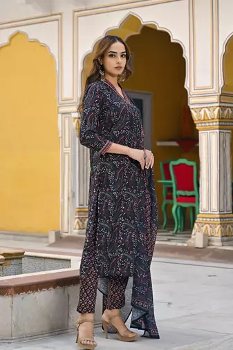 women navy blue rayon blend floral printed straight kurta trousers with dupatta