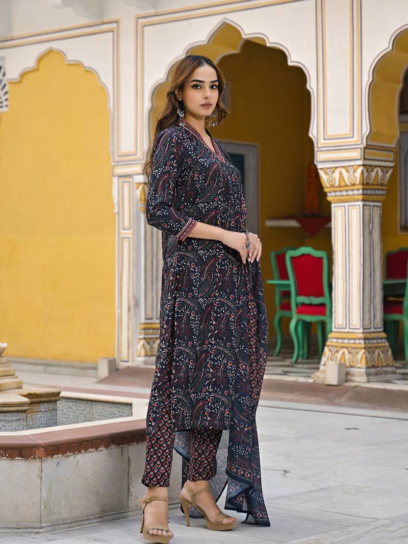 women navy blue rayon blend floral printed straight kurta trousers with dupatta