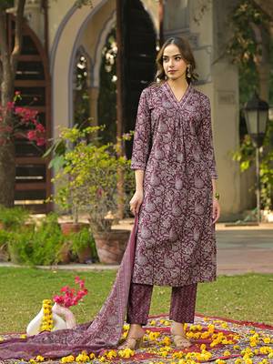 women burgundy rayon blend floral printed straight kurta trousers with dupatta 6
