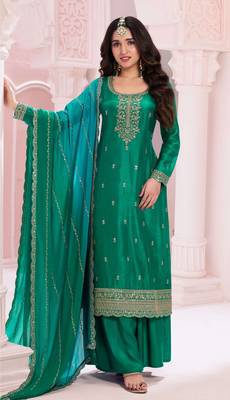 Pine green beautiful zari embroidery work girlie palazzo dress 1