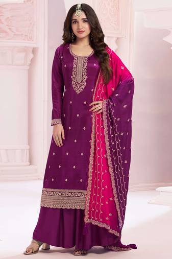 Grape purple beautiful zari embroidery work girlie palazzo dress