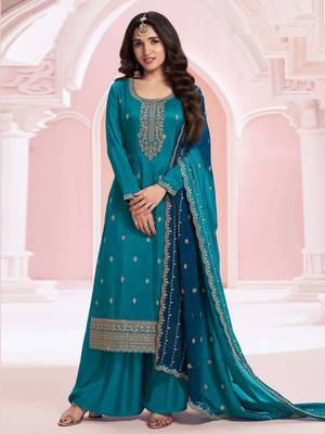 Teal blue beautiful zari embroidery work girlie palazzo dress 1