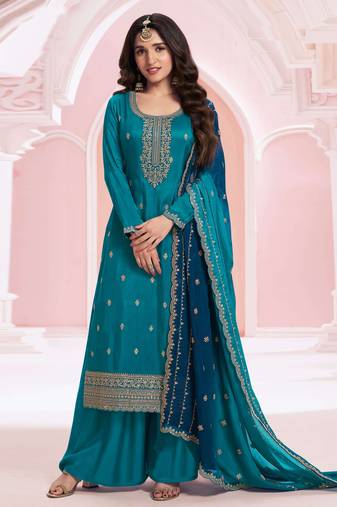 Teal blue beautiful zari embroidery work girlie palazzo dress