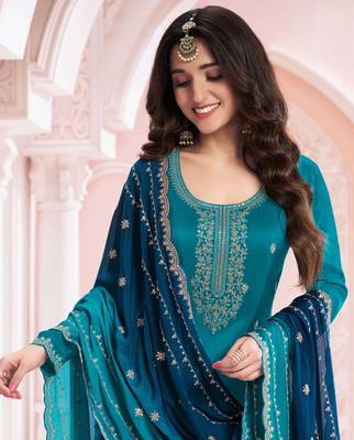 Teal blue beautiful zari embroidery work girlie palazzo dress 2