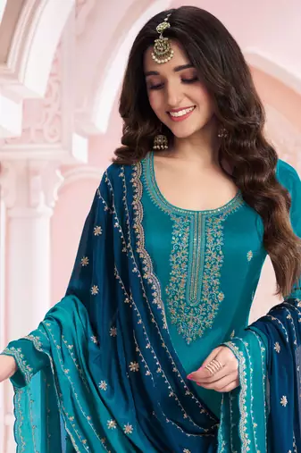 Teal blue beautiful zari embroidery work girlie palazzo dress
