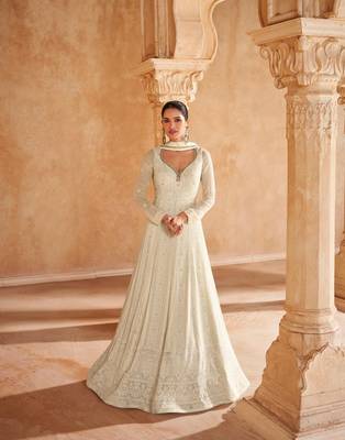 Cream georgette heavy thread embroidery work heavy looks anarkali dress 1