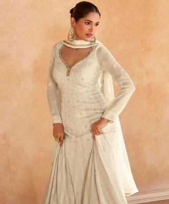 Cream georgette heavy thread embroidery work heavy looks anarkali dress 2