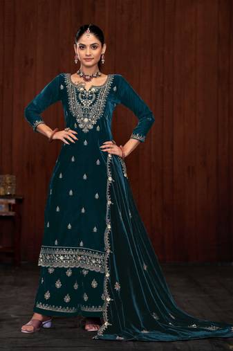 Rama velvet fabric designer embroidery work ethnic palazzo dress