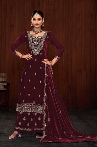 Maroon velvet fabric designer embroidery work ethnic palazzo dress
