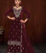 Maroon velvet fabric designer embroidery work ethnic palazzo dress