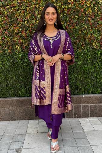 Purple Colour Premium Roman Silk Hand Work A Line Kurta Set