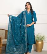 Designer embrodiary work blue viscose chanderi kurta set