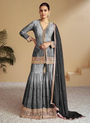 Grey beautiful chinon fabric heavy embroidered palazzo suit 1