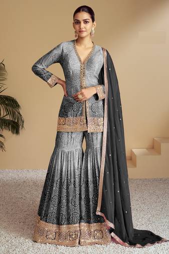 Grey beautiful designer chinon fabric heavy embroidered palazzo suit