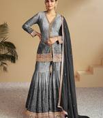 Grey beautiful chinon fabric heavy embroidered palazzo suit