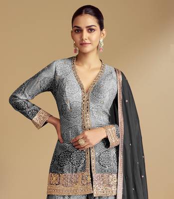Grey beautiful chinon fabric heavy embroidered palazzo suit 2