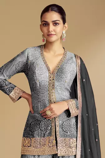Grey beautiful chinon fabric heavy embroidered palazzo suit