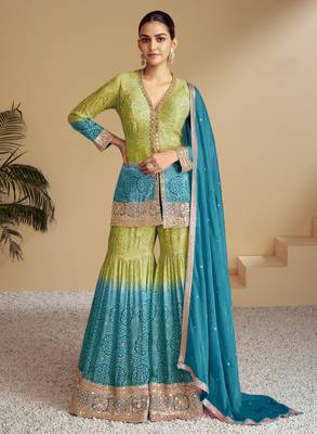 Sky beautiful chinon fabric heavy embroidered palazzo suit 1