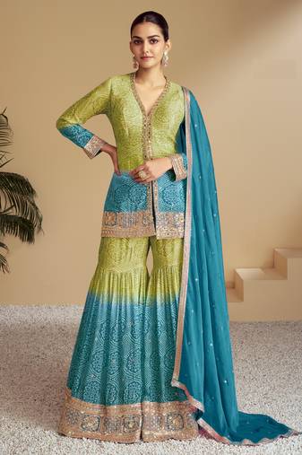 Sky beautiful designer chinon fabric heavy embroidered palazzo suit