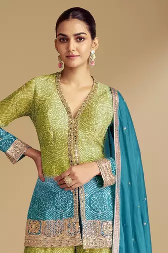 Sky beautiful chinon fabric heavy embroidered palazzo suit