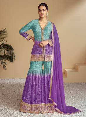 Purple beautiful chinon fabric heavy embroidered palazzo suit 1