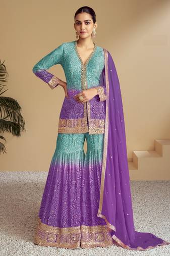Purple beautiful designer chinon fabric heavy embroidered palazzo suit