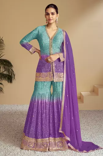 Purple beautiful designer chinon fabric heavy embroidered palazzo suit