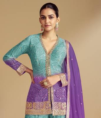 Purple beautiful chinon fabric heavy embroidered palazzo suit 2