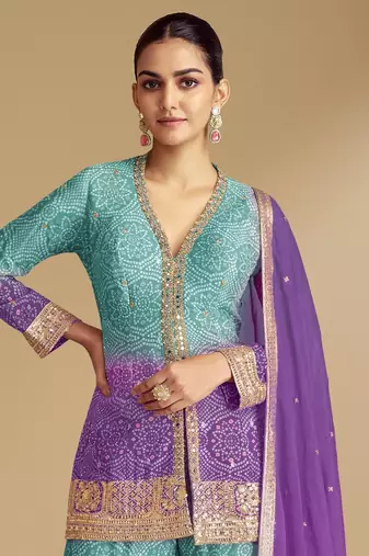 Purple beautiful chinon fabric heavy embroidered palazzo suit