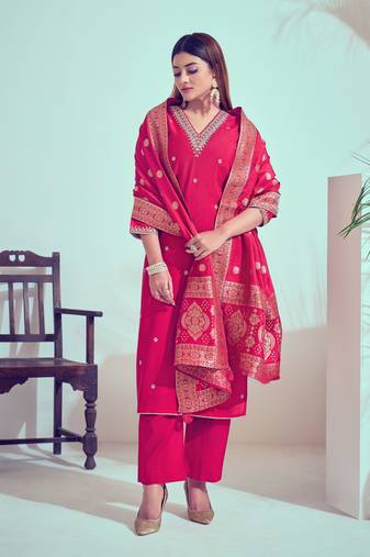 Pink roman silk woven and embroidery work trendy girlie suits