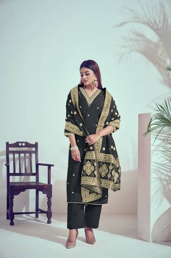 Black roman silk woven and embroidery work trendy girlie suits