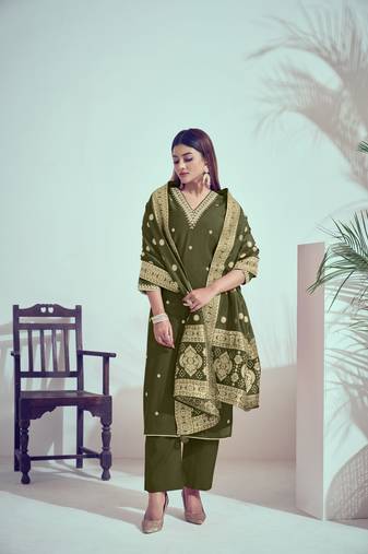 Mahendi roman silk woven and embroidery work trendy girlie suits