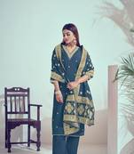 Blue roman silk woven and embroidery work trendy girlie suits