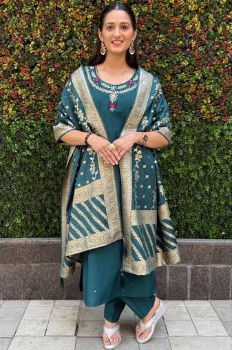 Teal Blue Colour Premium Roman Silk Hand Work A Line Kurta Set