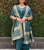 Teal Blue Colour Premium Roman Silk Hand Work A Line Kurta Set