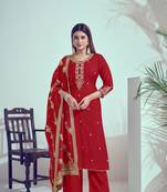 Red roman silk woven and embroidery work trendy girlie suits