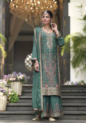 Green Heavy CHINON  Embroidery Work PARTY WEAR SUIT SET   1