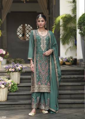 Green Heavy CHINON  Embroidery Work PARTY WEAR SUIT SET   2