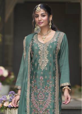 Green Heavy CHINON  Embroidery Work PARTY WEAR SUIT SET   3