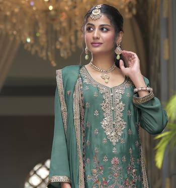 Green Heavy CHINON  Embroidery Work PARTY WEAR SUIT SET   4