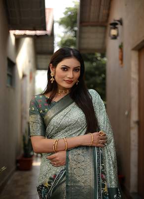 Dark Green Digital Print Dola Silk Saree 2