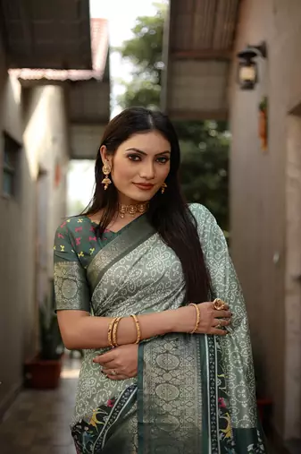 Dark Green Digital Print Dola Silk Saree