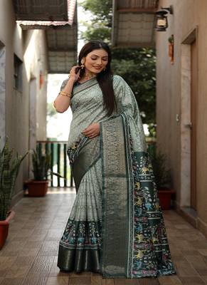 Dark Green Digital Print Dola Silk Saree 3