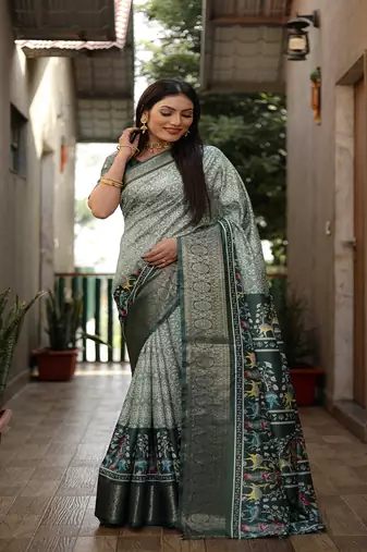 Dark Green Digital Print Dola Silk Saree