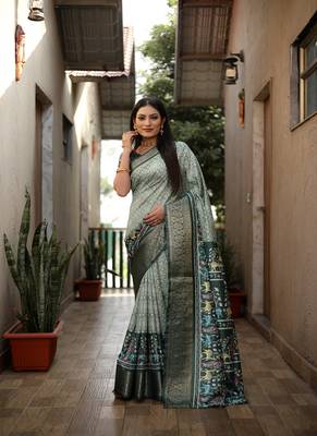 Dark Green Digital Print Dola Silk Saree 4