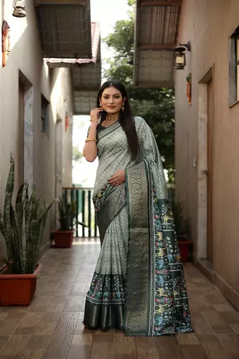 Dark Green Digital Print Dola Silk Saree