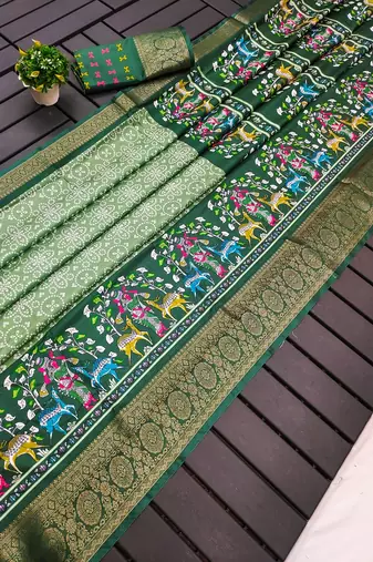 Dark Green Digital Print Dola Silk Saree