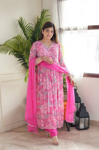 Pink chinon fabric ethnic partywear salwar kameez for trendy looks