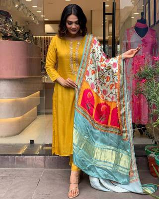 Mustard viscosee chanderi fabric ethnic partywear salwar kameez for trendy looks 1
