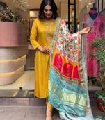 Mustard viscose chanderi fabric ethnic partywear salwar kameez for trendy looks